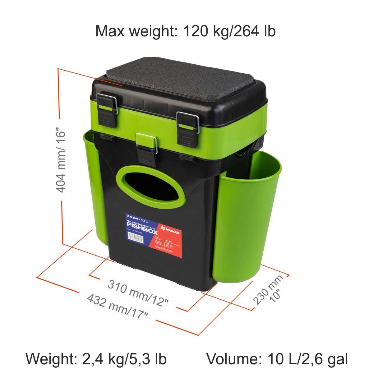 FishBox 10 liter Box for Ice Fishing with Seat could carry up to 264 pounds, it is 16 inches high, 17 inches long and 10 inches wide, weighing 5.3 lbs