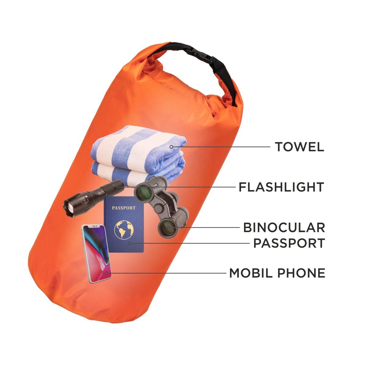 You could put your towel, binocular, flashlight, mobile phone and documents into the 10 L Orange Polyester Waterproof Dry Bag for Fishing, Kayaking, and be sure they stay safe