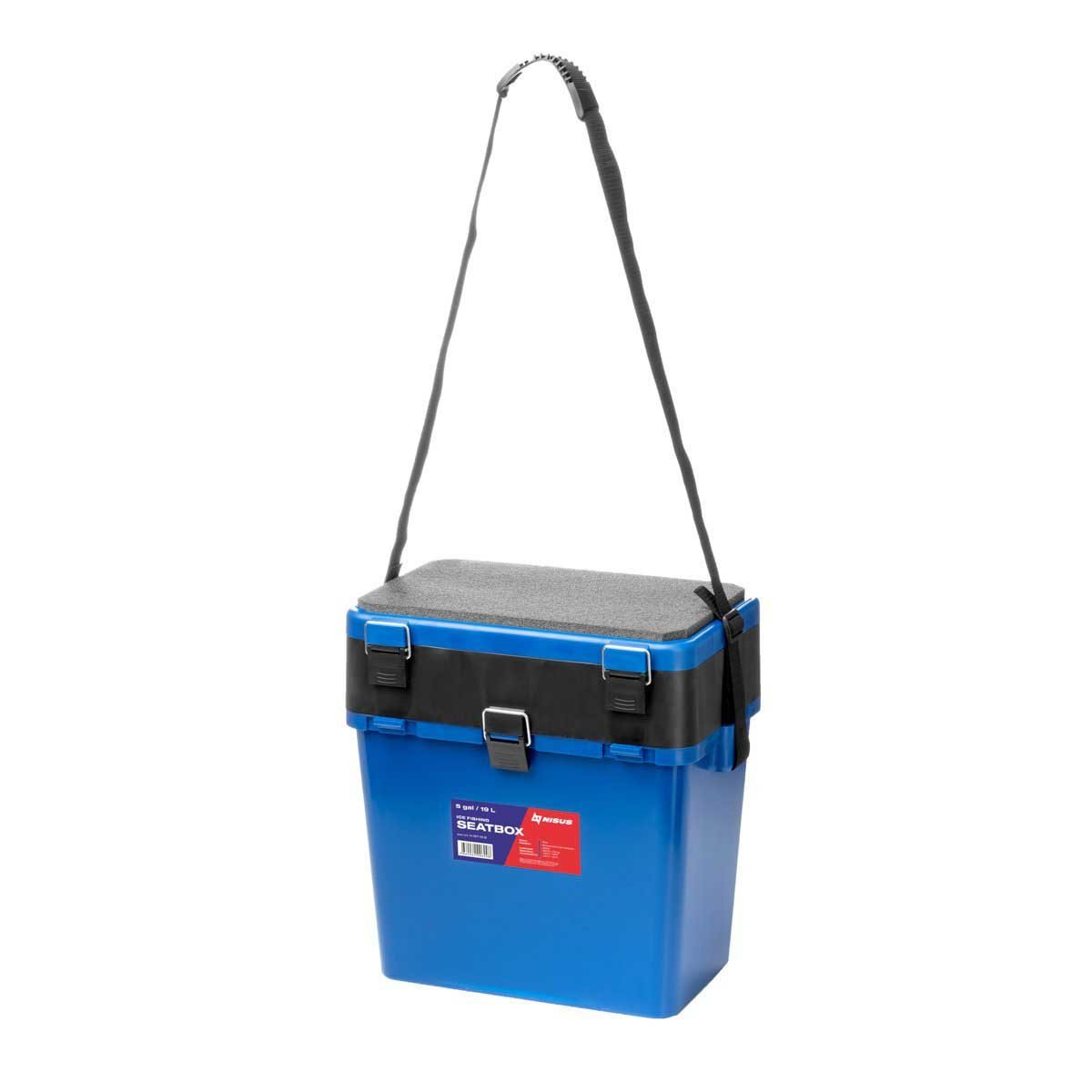 Ice Fishing Bucket Type Box with Seat and Adjustable Shoulder Strap | 2 compartments | 5 gal | blue color