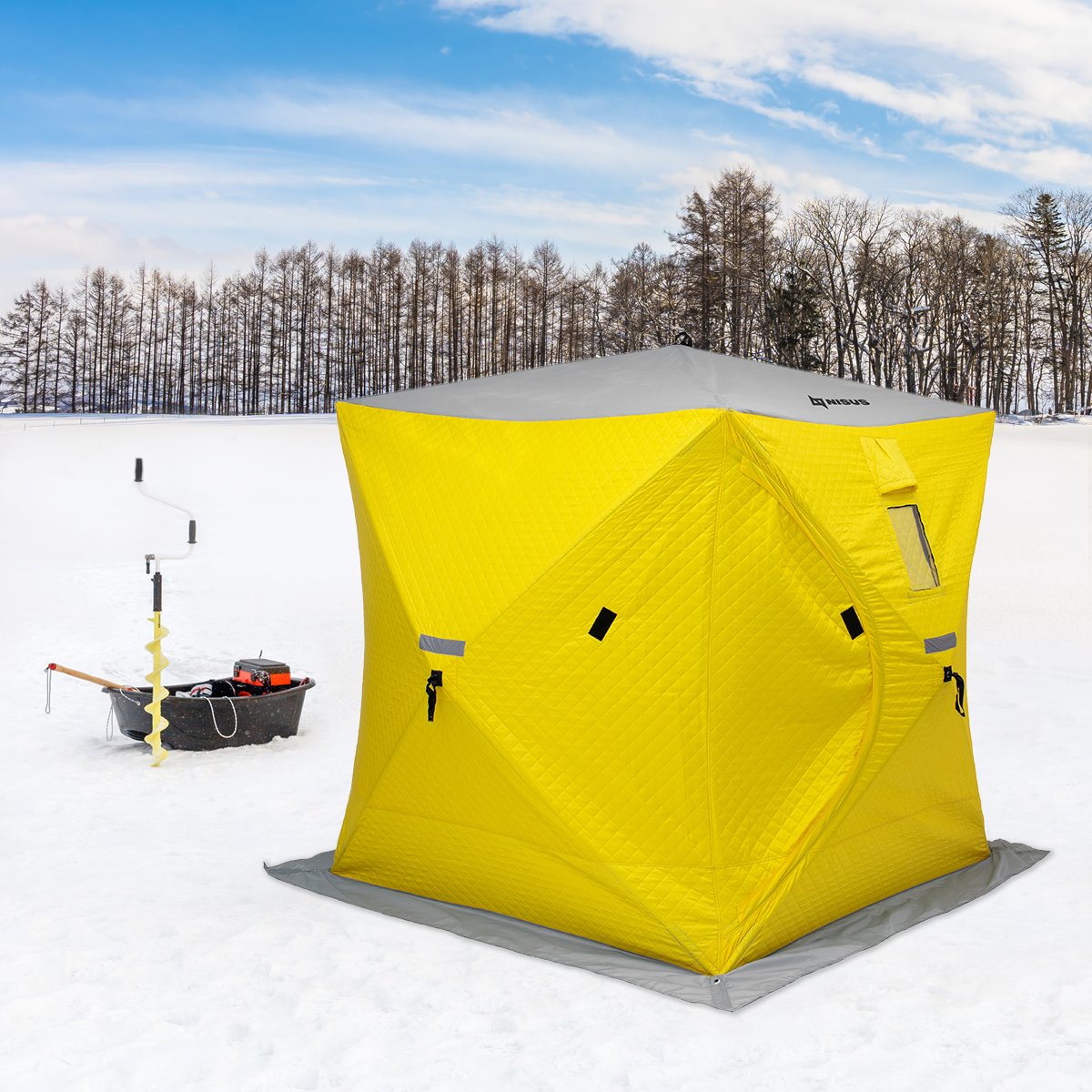 Cube Insulated Ice Fishing Shelter for 2 Persons, yellow, on ice together with Iceberg Siberia hand auger, and an ice sled