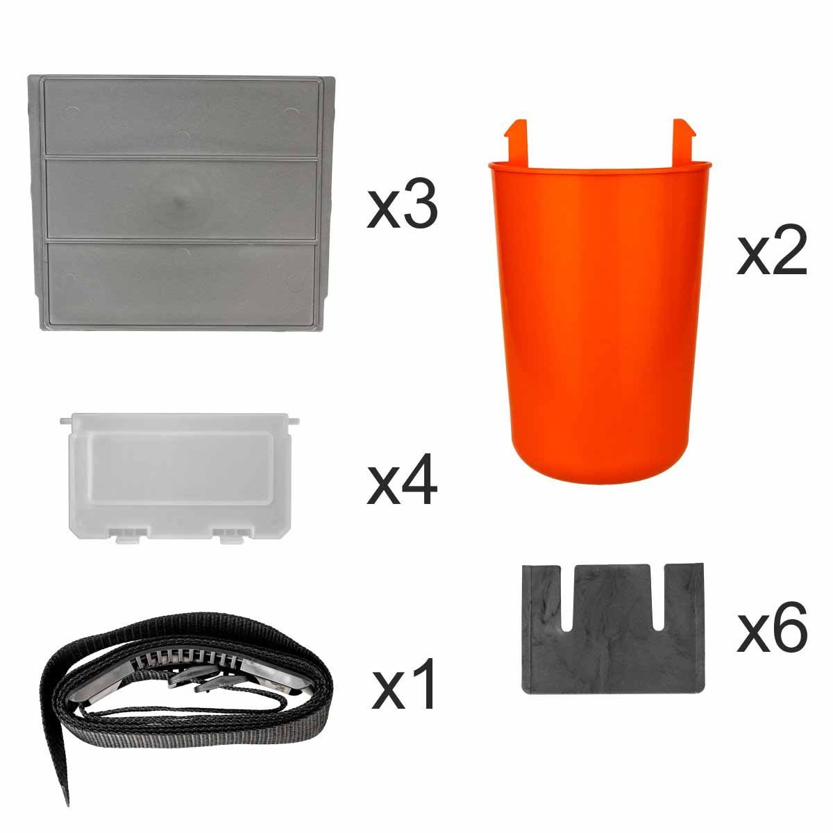 FishBox Large 5 gal Box for Ice Fishing is equipped with 3 big plastic dividers, 6 small plastic dividers, 4 plastic lids, 2 side pockets and 1 adjustable shoulder strap