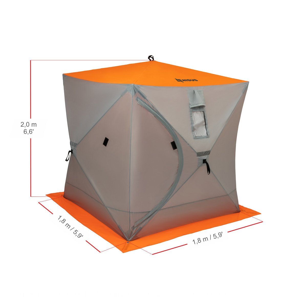 Cube Large Pop-Up Ice Fishing Shelter for 3 Persons is 6.6 feet high, 5,9 feet long and 5.9 feet wide