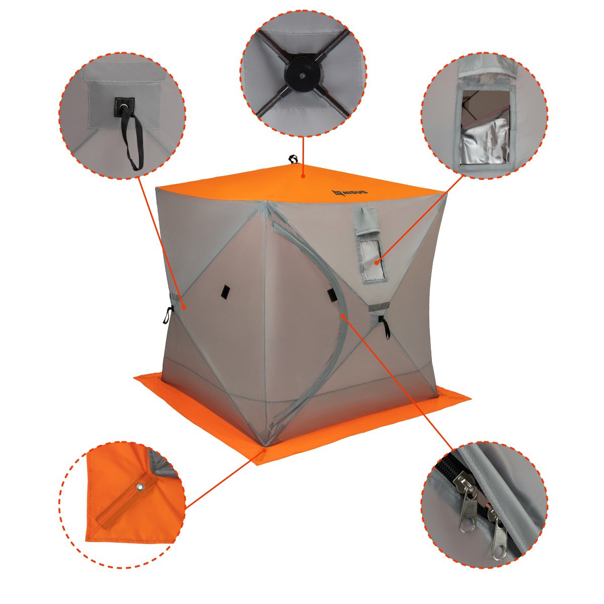 Cube Large Ice Fishing 3 Person Shelter is equipped with an extra wide protective skirt with apertures for ice anchors to fix the shelter, windows for ventilation, solid fiberglass frameand zippers to widely open/close the shelter