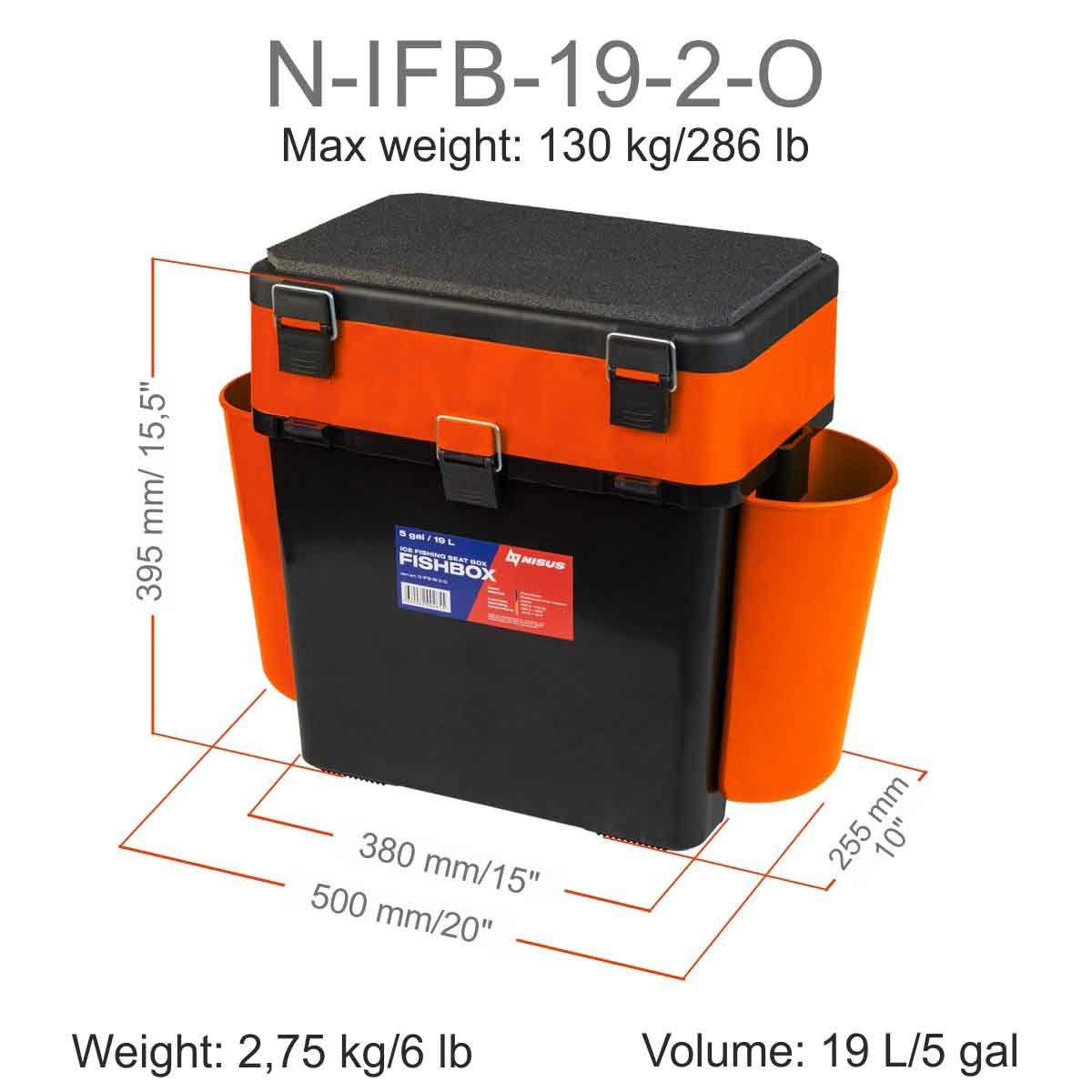 FishBox Large 5 gal Box for Ice Fishing with Seat and could carry up to 286 pounds, it is 15.5 inches high, 16 inches long and 10 inches wide, weighing 6 lbs