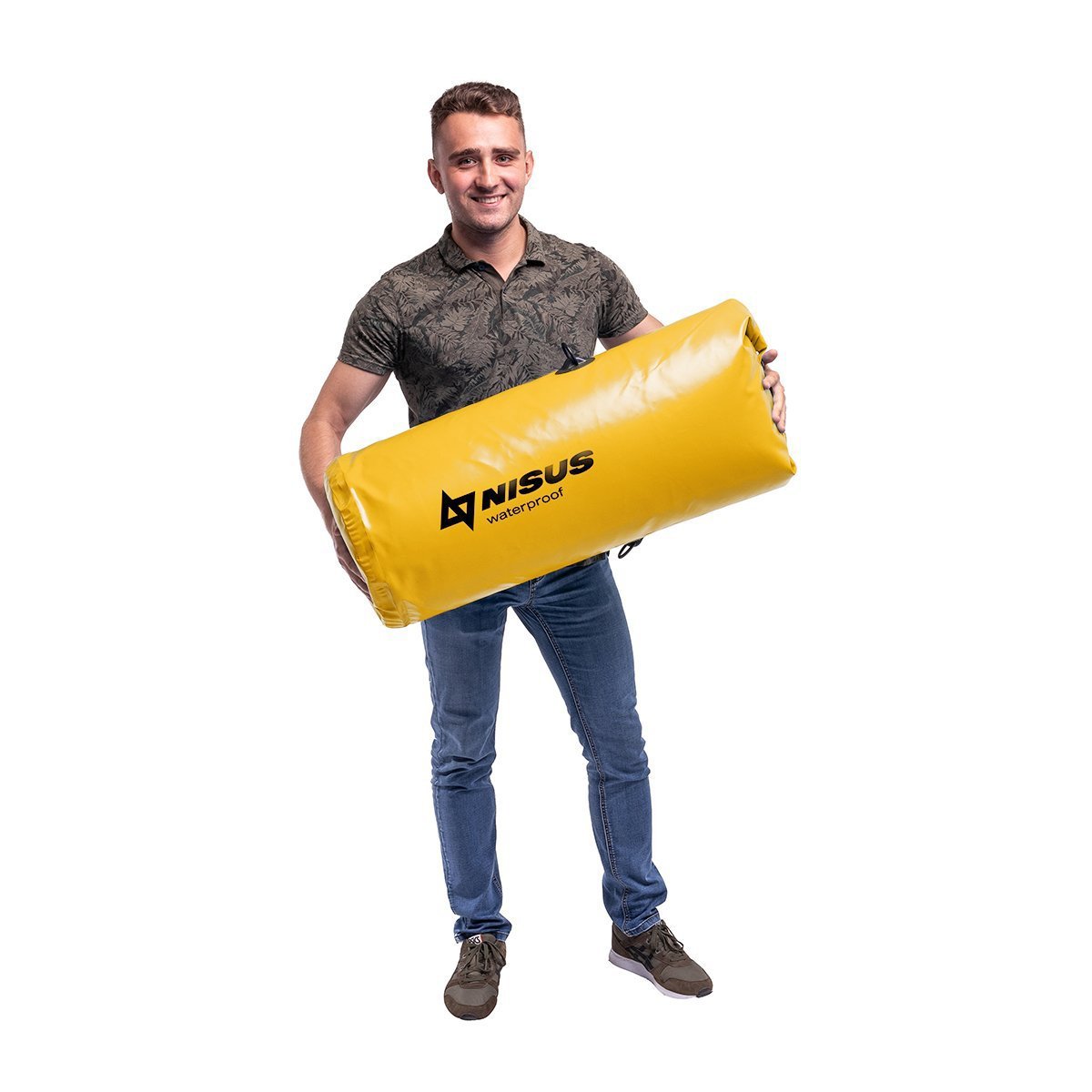 A man carrying a 70L Waterproof Large Dry Bag, Yellow
