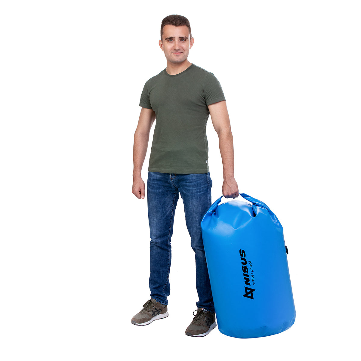 A man carrying Nisus 120 L Blue Waterpfoof Dry Bag