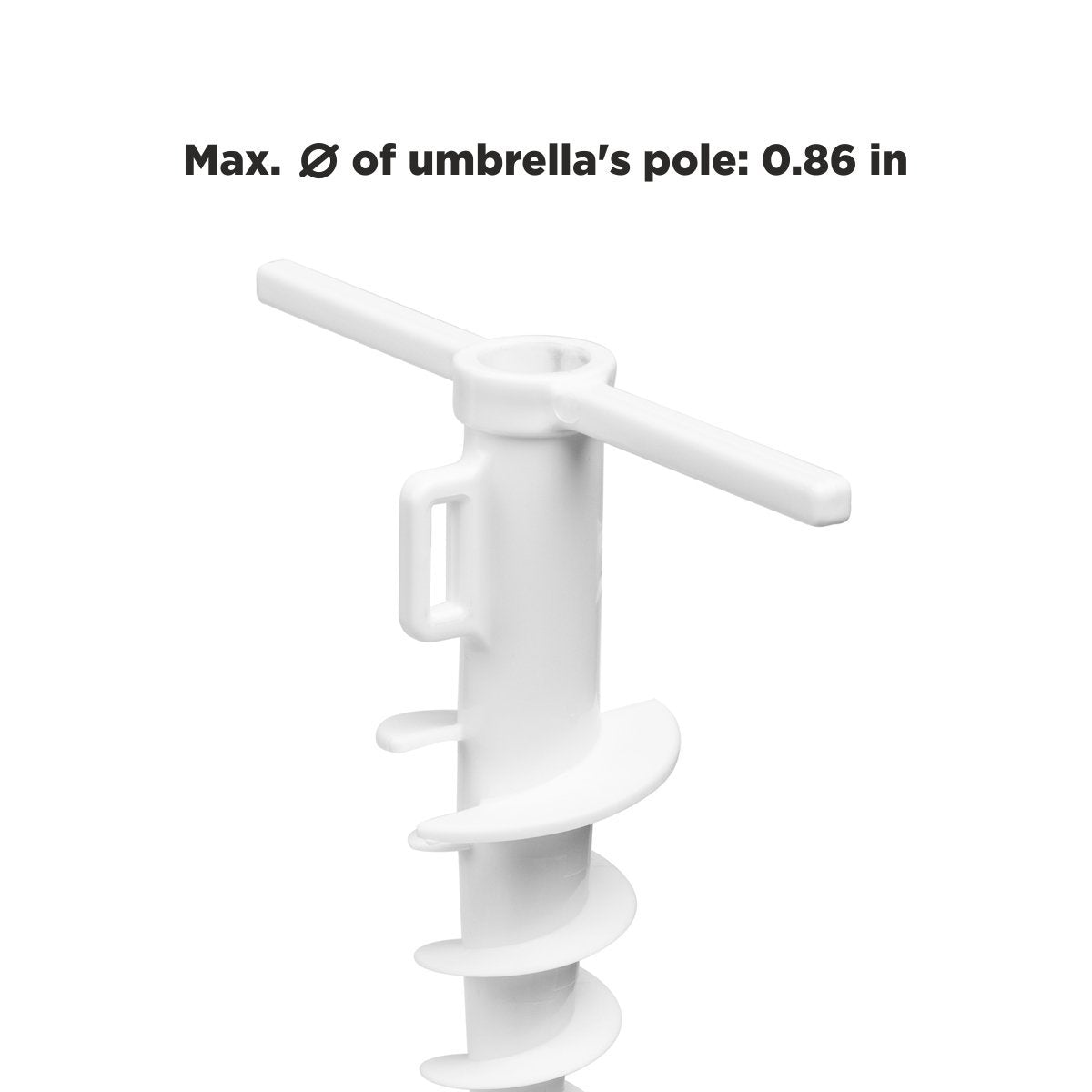 The max diamater of umbrella pole the Plastic Beach Umbrella Sand Anchor could hold is 0.86 inches