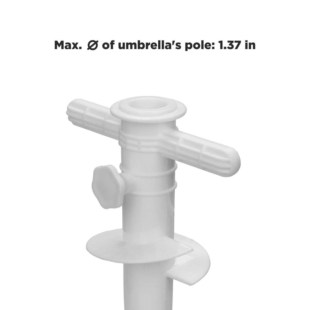 Max umbrella pole diameter the Plastic Beach Umbrella Sand Anchor holds is 1.37 inches