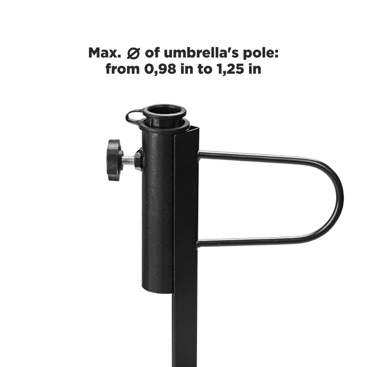 Max umbrella pole diameter the Heavy Duty Steel Beach Umbrella Sand Anchor holds varies from 0.98 inches up to 1.25 inches