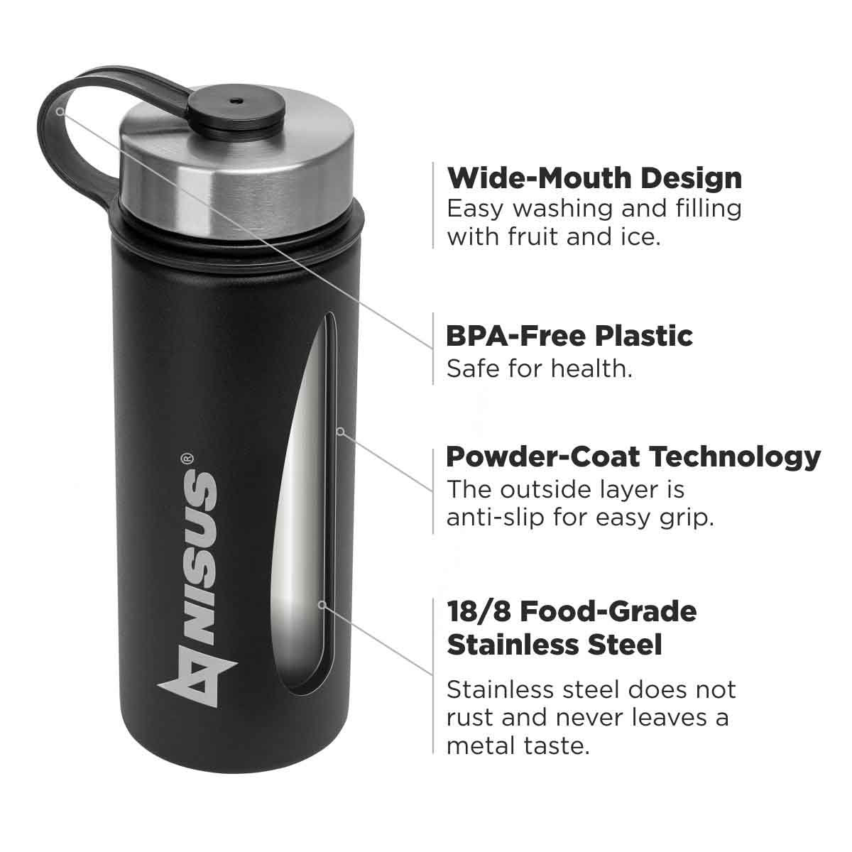 Stainless Steel Insulated Sport Water Bottle with 3 Lid Types, 18 oz made of 18/8 food-grade stainless steel with a powder-coat technology featuring a wide mouth design