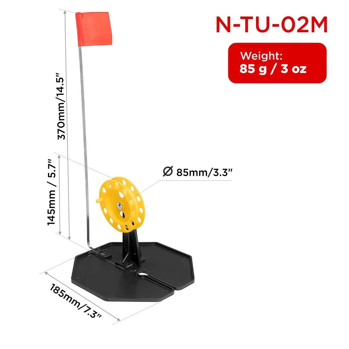 Tip-up Pop-Up Integrated Hole-Cover Easy to Clip N-Tu-02M weighs 3 oz, the base is 7.3 inches long, the flag shaft is 14.5 inches, the spool diameter is 3.3 inches and its height is 5.7 inches