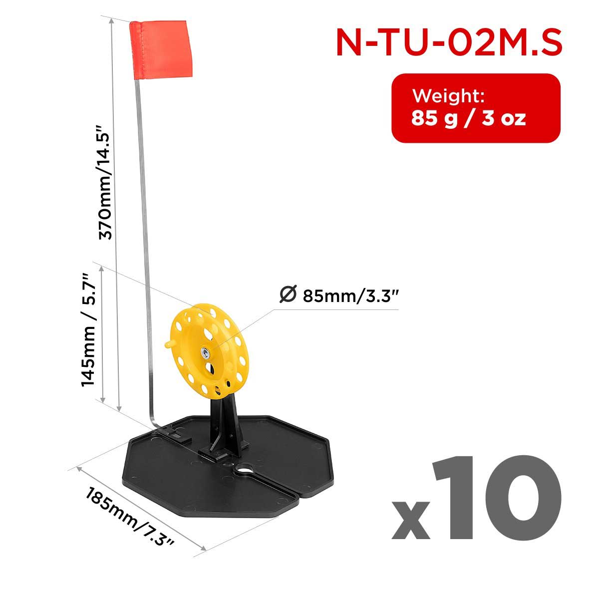 Set of 10 Tip-up Pop-Up Integrated Hole-Cover Easy to Clip N-Tu-02M. Each weighs 3 oz, the base is 7.3 inches long, the flag shaft is 14.5 inches, the spool diameter is 3.3 inches and its height is 5.7 inches