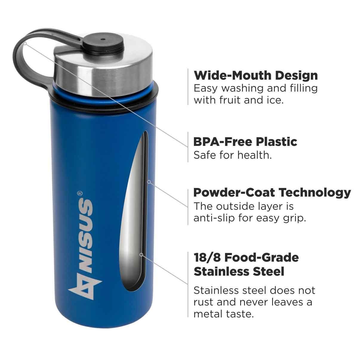 Stainless Steel Insulated Sport Water Bottle with 3 Lid Types, 18 oz made of 18/8 food-grade stainless steel with a powder-coat technology featuring a wide mouth design