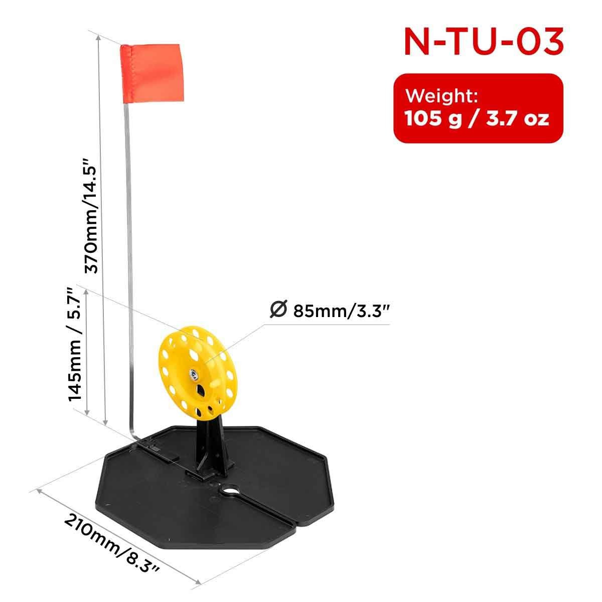 Tip-up Pop-Up Integrated Hole-Cover Easy to Clip N-Tu-03 weighs 3.7 oz, the base is 8.3 inches long, the flag shaft is 14.5 inches, the spool diameter is 3.3 inches and its height is 5.7 inches