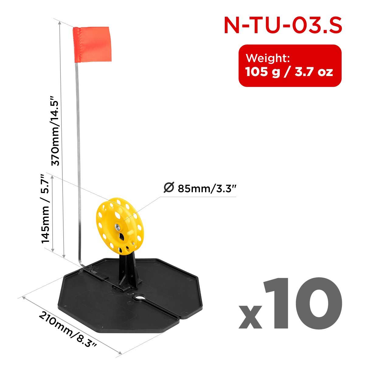 Set of Tip-up Pop-Up Integrated Hole-Cover Easy to Clip N-Tu-03. Each weighs 3.7 oz, the base is 8.3 inches long, the flag shaft is 14.5 inches, the spool diameter is 3.3 inches and its height is 5.7 inches
