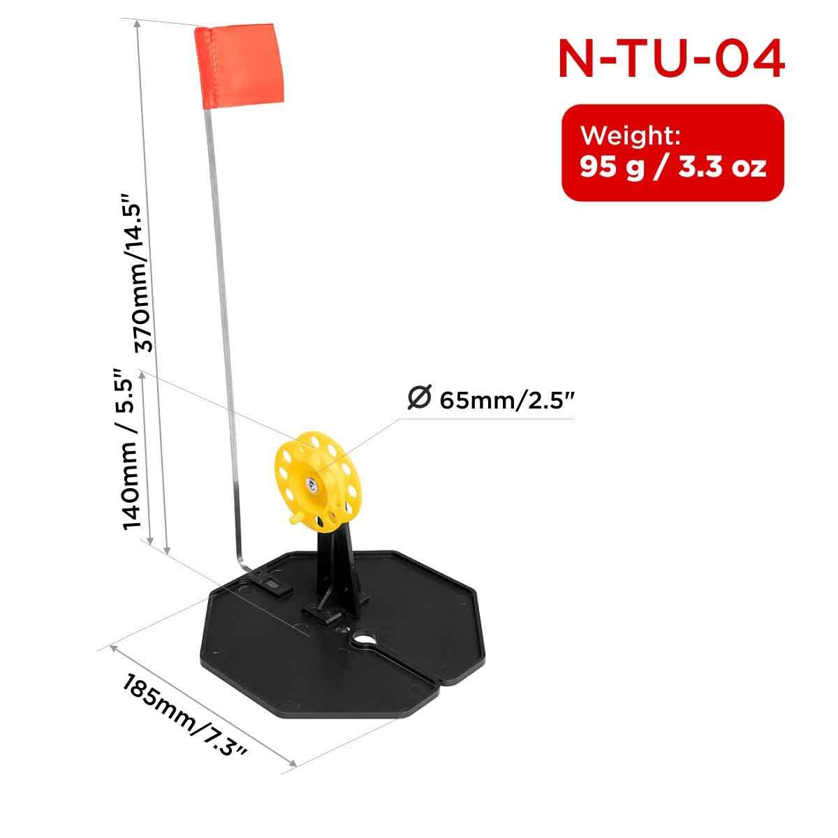 Tip-up Pop-Up Integrated Hole-Cover Easy to Clip N-Tu-04 weighs 3.3 oz, the base is 7.3 inches long, the flag shaft is 14.5 inches, the spool diameter is 2.5 inches and its height is 5.5 inches