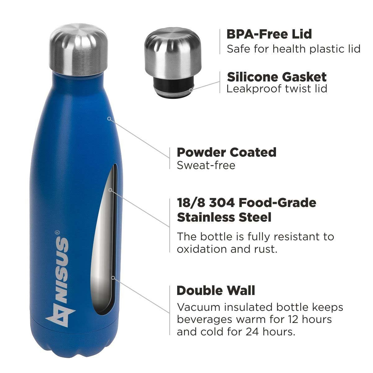 Stainless Steel Insulated Twist Top Water Bottle, 17 oz features a BPA-free teist top lid with a silicone gasket. I's powder coated, and made of double wall 18/8 304 food grade stainless steel