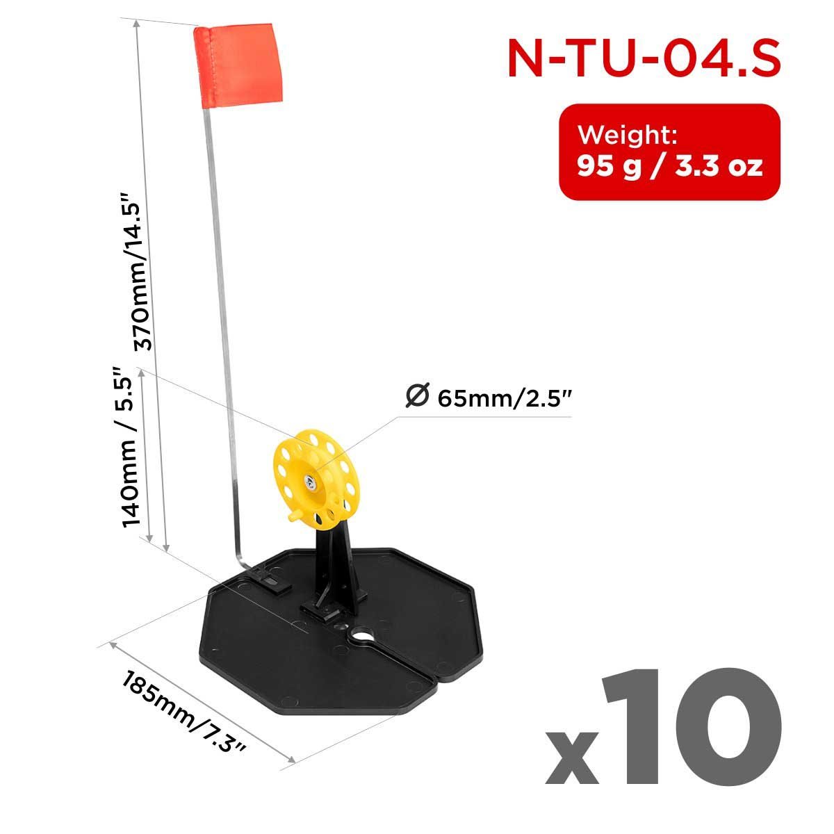 Set of Tip-up Pop-Up Integrated Hole-Cover Easy to Clip N-Tu-04. Each weighs 3.3 oz, the base is 7.3 inches long, the flag shaft is 14.5 inches, the spool diameter is 2.5 inches and its height is 5.5 inches