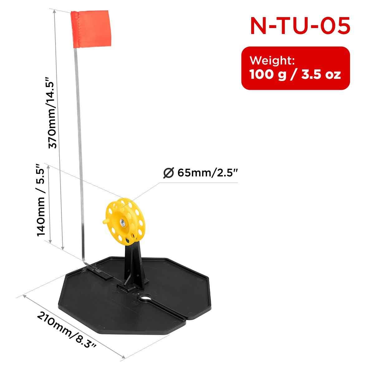 Tip-up Pop-Up Integrated Hole-Cover Easy to Clip N-Tu-05 weighs 3.5 oz, the base is 8.3 inches long, the flag shaft is 14.5 inches, the spool diameter is 2.5 inches and its height is 5.5 inches