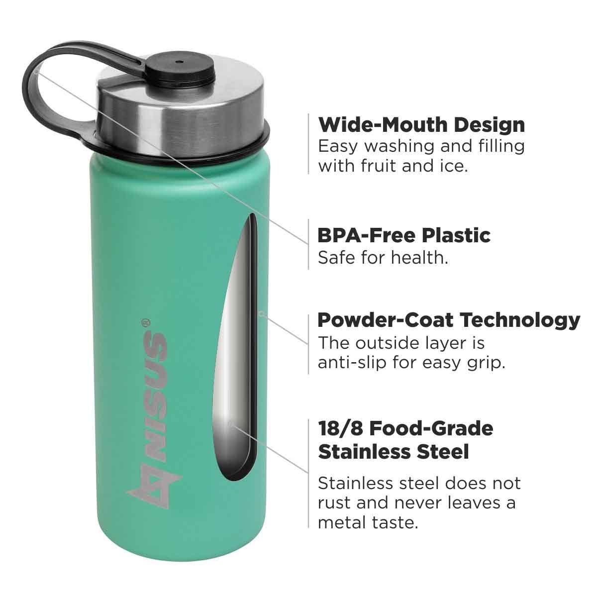Stainless Steel Insulated Sport Water Bottle with 3 Lid Types, 18 oz made of 18/8 food-grade stainless steel with a powder-coat technology featuring a wide mouth design