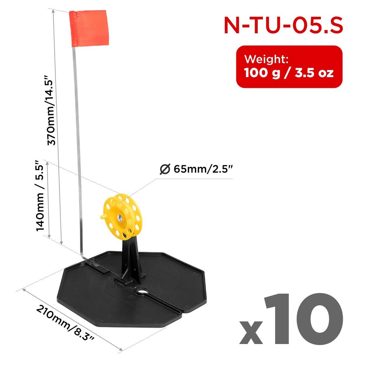 Set of Tip-up Pop-Up Integrated Hole-Cover Easy to Clip N-Tu-05. Each weighs 3.5 oz, the base is 8.3 inches long, the flag shaft is 14.5 inches, the spool diameter is 2.5 inches and its height is 5.5 inches