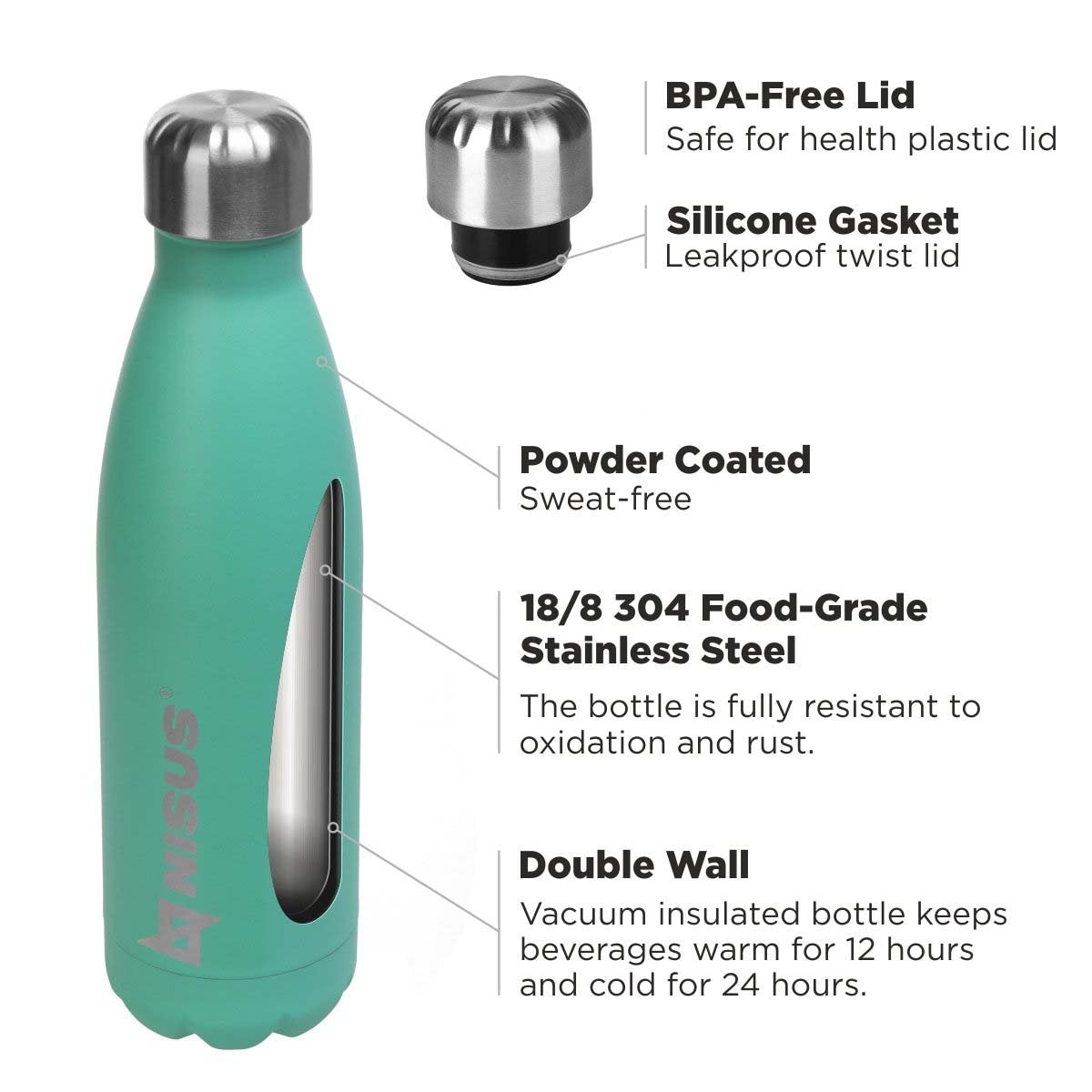 Stainless Steel Insulated Twist Top Water Bottle, 17 oz features a BPA-free teist top lid with a silicone gasket. I's powder coated, and made of double wall 18/8 304 food grade stainless steel
