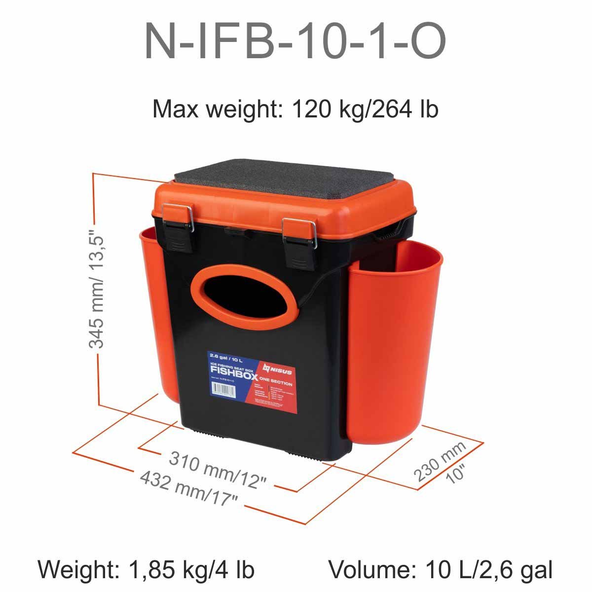 FishBox 10 liter Box for Ice Fishing with Seat could carry up to 264 pounds, it is 13.5 inches high, 17 inches long and 12 inches wide, weighing 4 lbs