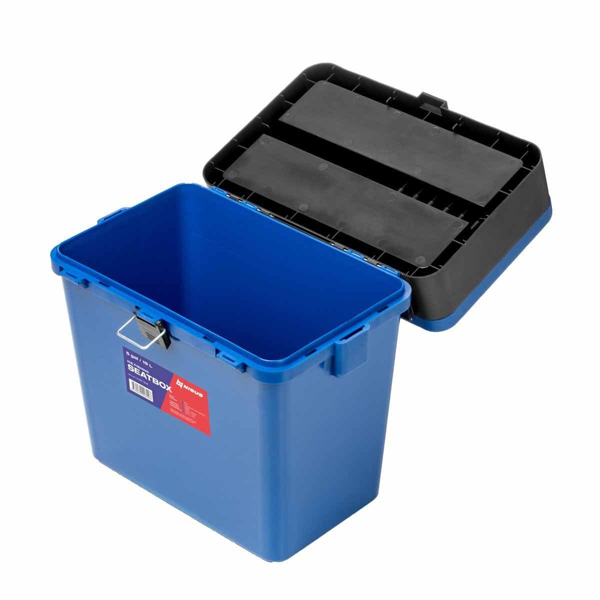 Ice Fishing Bucket Type Box with Seat and Adjustable Shoulder Strap has 2 compartments for tackle storage