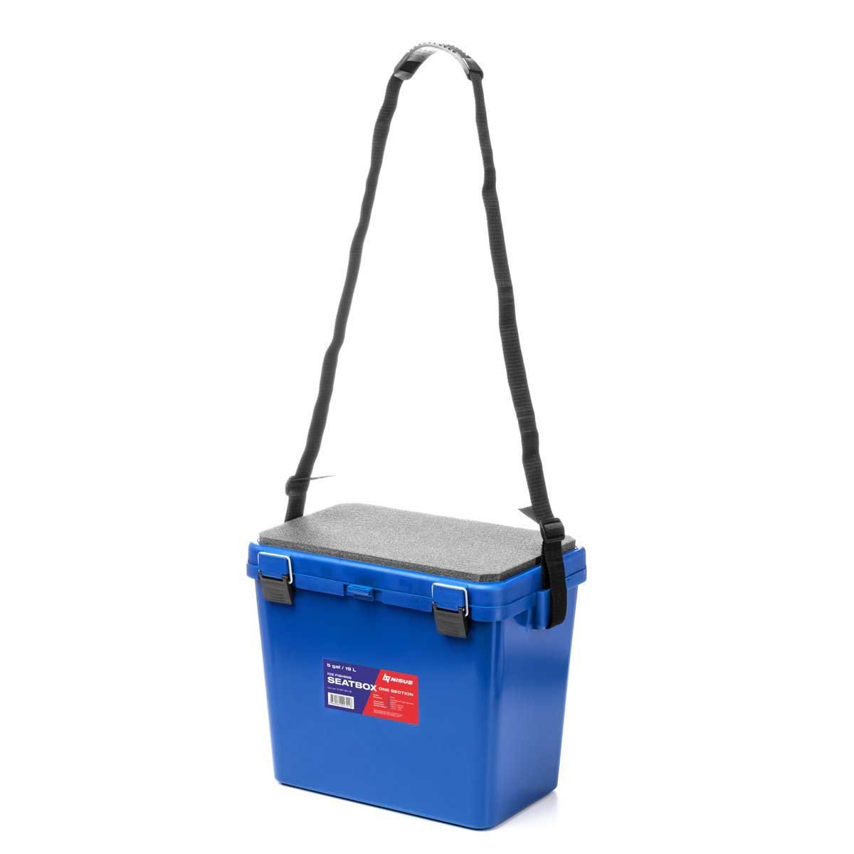 Ice Fishing Bucket Type Box with Seat and Adjustable Shoulder Strap, 5 gal, blue