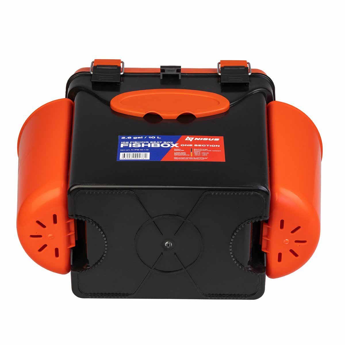 FishBox 10 liter SeatBox for Ice Fishing Tackle and Gear, orange, bottom view