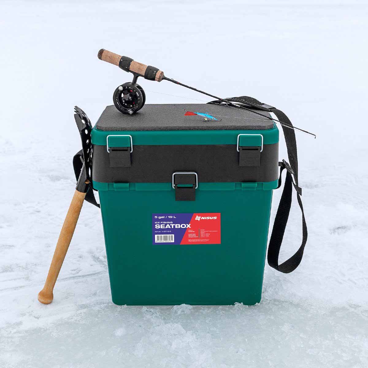 Ice Fishing Bucket Type Box with Seat and Adjustable Shoulder Strap could carry a rod and reel combo and an ice fishing skimmer easily
