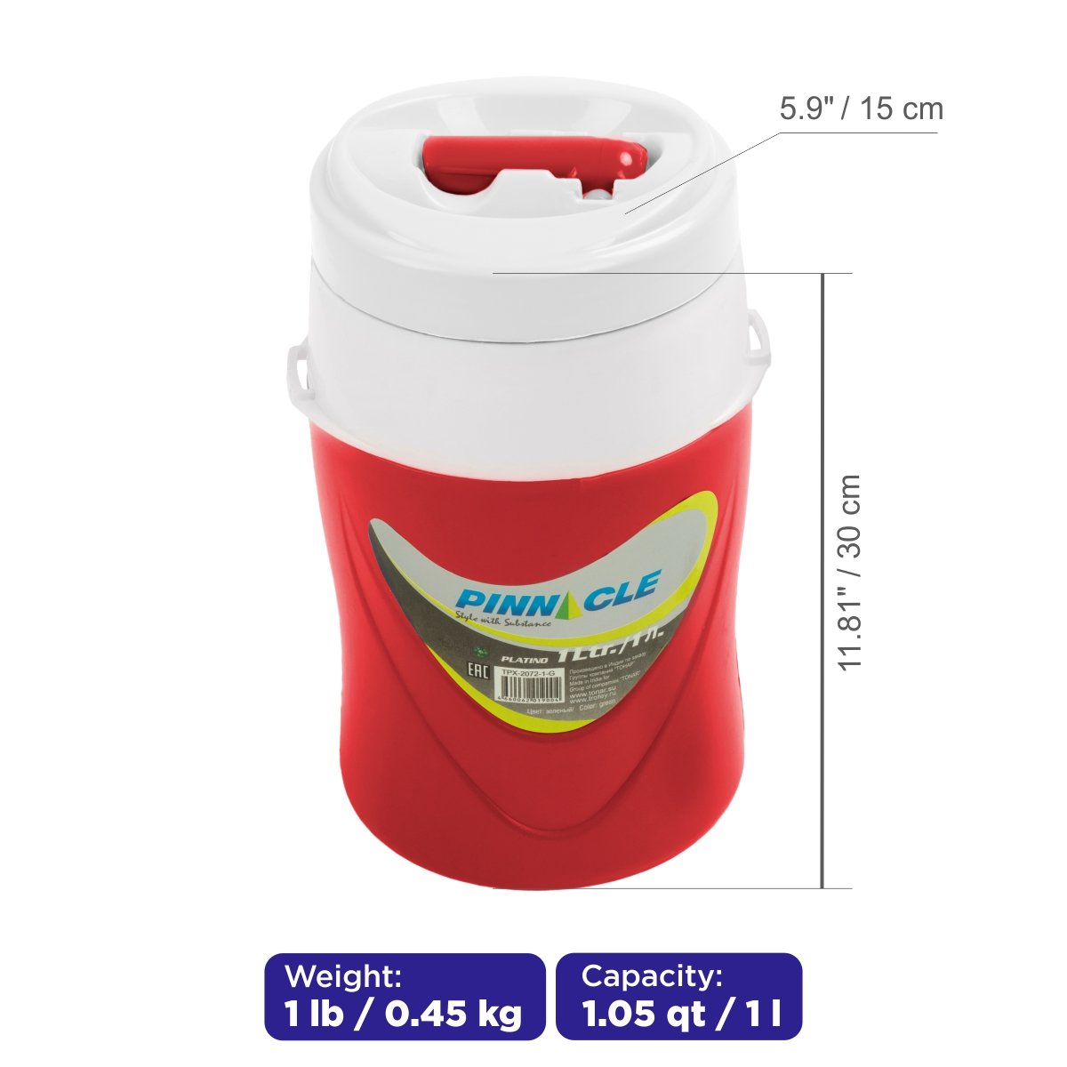Platino Portable Beverage Cooler Jug for Outdoors and School, 1 qt weighs 1 lb and is 11.8 inches high and 6 inches wide.
