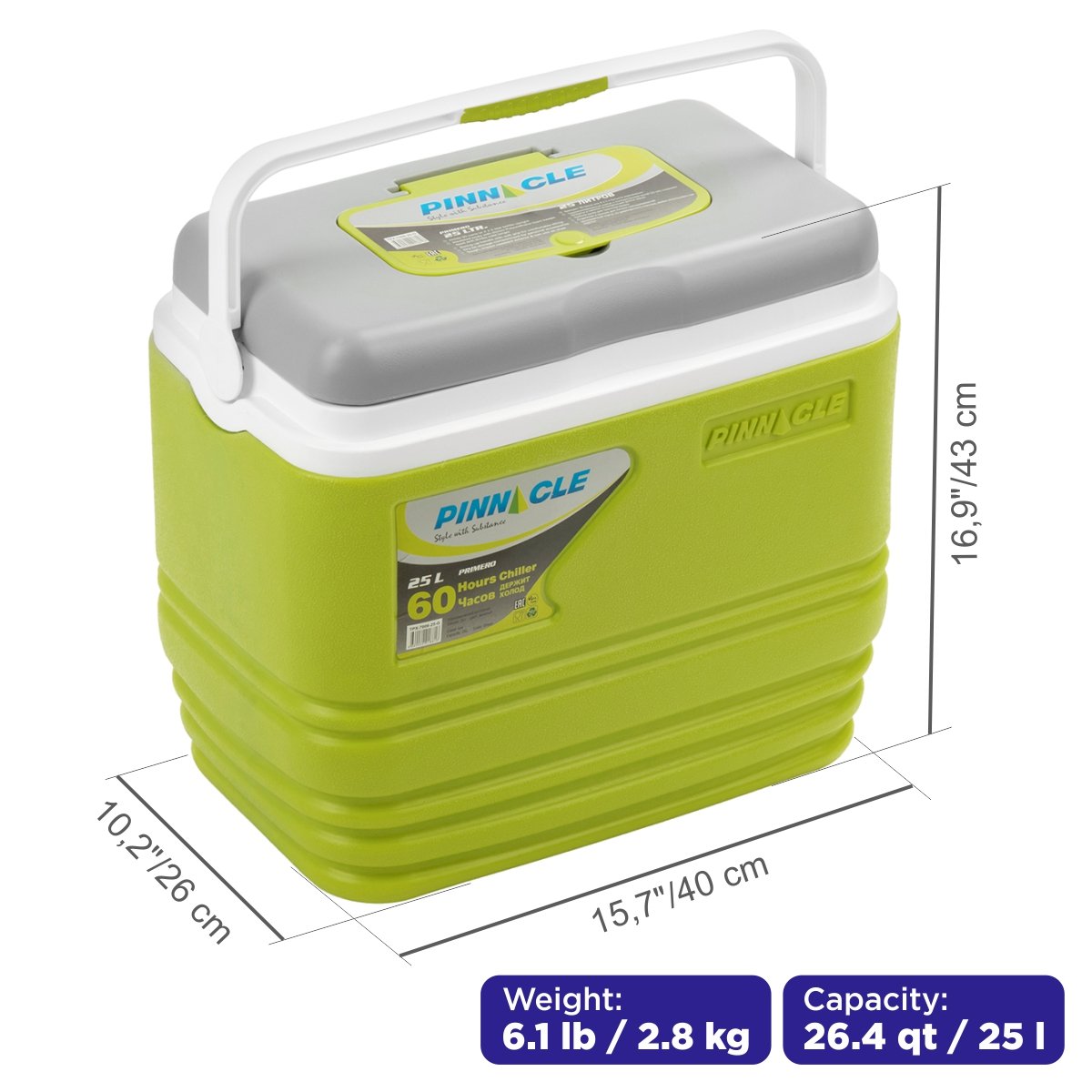 Primero Portable Camping Ice Chest with Lid Cup Holders, 26 qt is 15,7 inches long, 15.7 inches high, 10.2 inches wide, weighing only 6 lbs