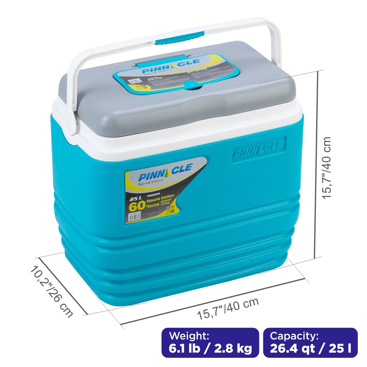 Primero Portable Camping Ice Chest with Lid Cup Holders, 26 qt is 15,7 inches long, 15.7 inches high, 10.2 inches wide, weighing only 6 lbs