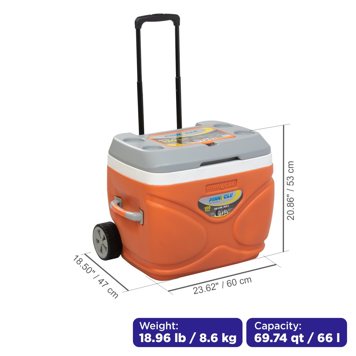 Prudence Wheeling Ice Chest with Retractable Handle, 69 qt, Orange weighs 19 lbs, 19 inches long, 23.6 inches high and 18.5 inches wide