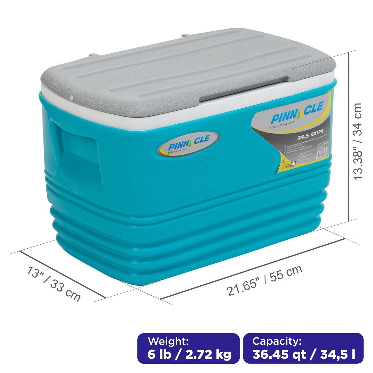 Eskimo Large Portable Camping Ice Chest, 36 qt is 21.7 inches long, 13.4 inches high and 13 inches wide, weighing 6 lbs