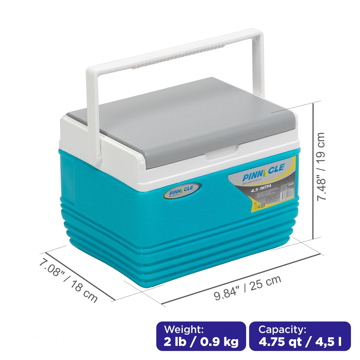 Eskimo Portable Hard-Sided Ice Chest for Camping, 4 qt, Blue is 10 inches long, 7 inches wide and 7.5 inches high, weighing 2 lbs