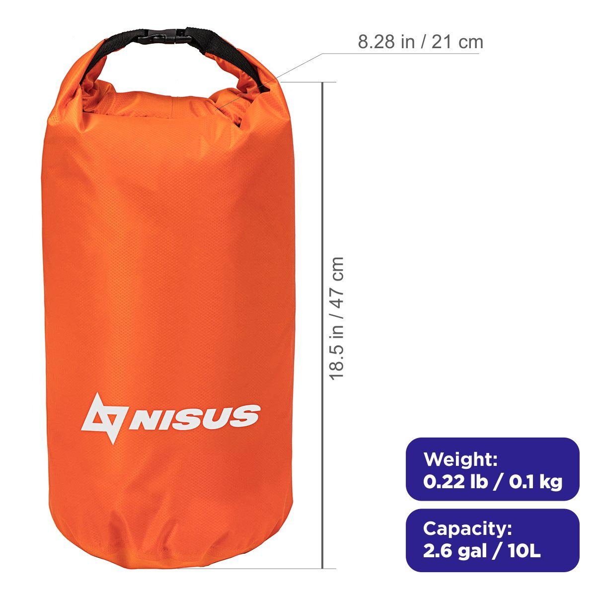 10 L Orange Polyester Waterproof Dry Bag for Fishing, Kayaking is 18.5 inches high, weighing 0.22 lbs