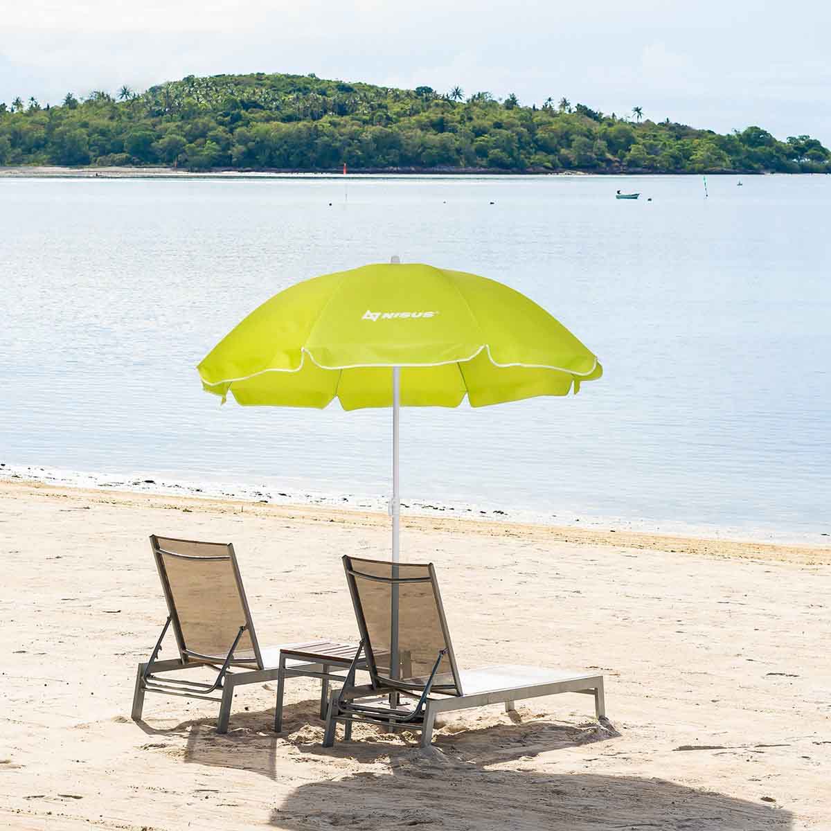 Lime Green Folding Folding Beach Umbrella standing between two loungers on the beach
