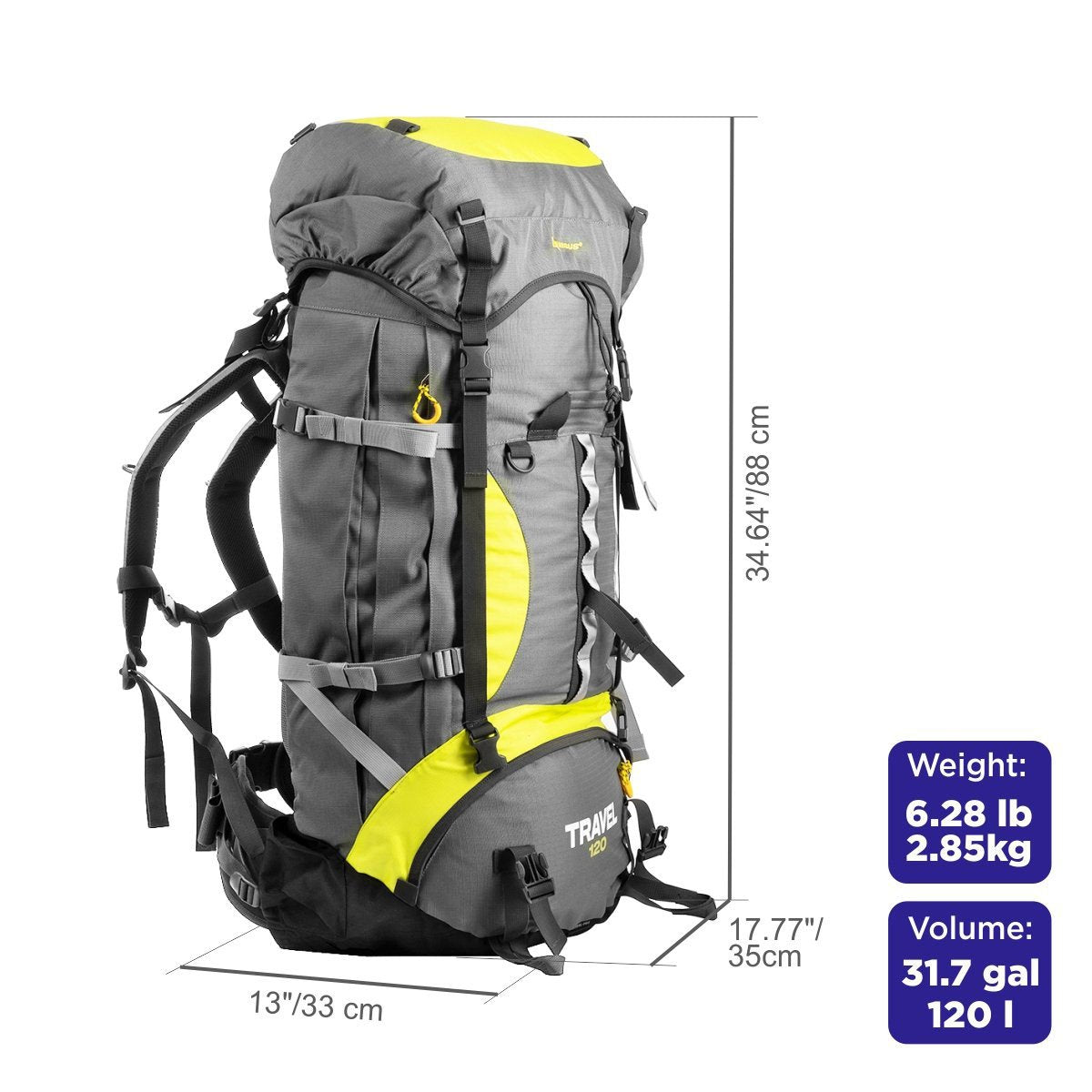 TRAVEL Extra Large Multi-Day Waterproof Framed Mountain Backpack with Rain Cover, 120L