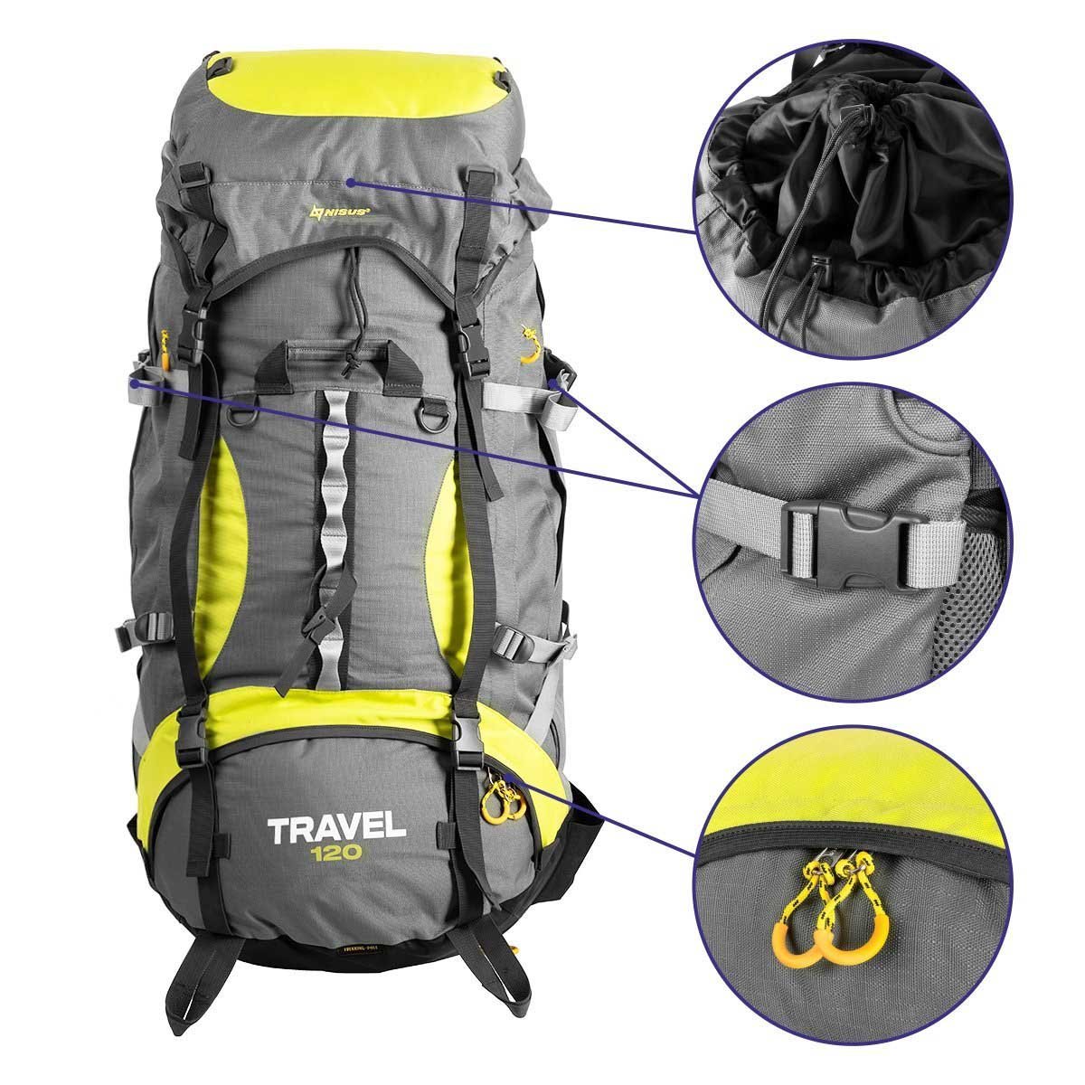 TRAVEL Extra Large Multi-Day Waterproof Framed Mountain Backpack with Rain Cover, 120L