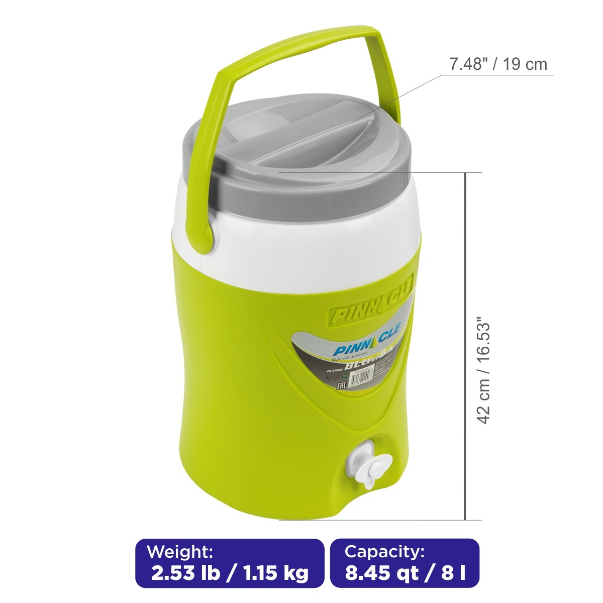 Platino Beverage Cooler Jug with Spigot for Picnics, Camping, 8 qt is 8 quart capable, weighing on;y 2.5 lbs. 16.5 inches high, 7.5 inches wide.