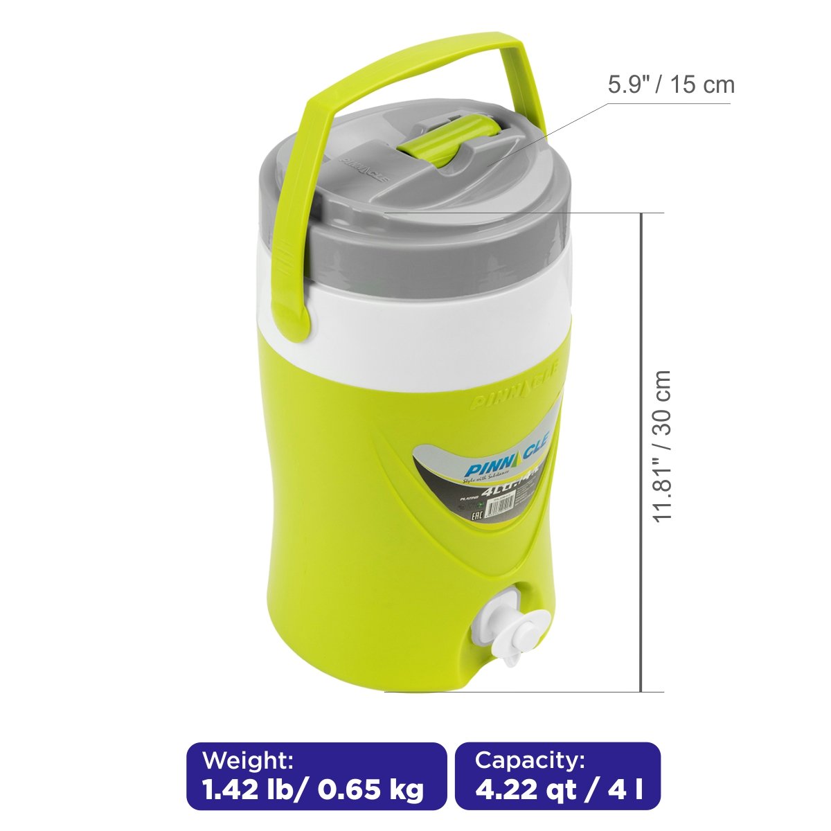 Platino Beverage Cooler Jug with Spigot for Picnics, Camping, 4 qt weighs only 1.42 lbs, it is 11.8 inches high and almost 6 inches wide. 