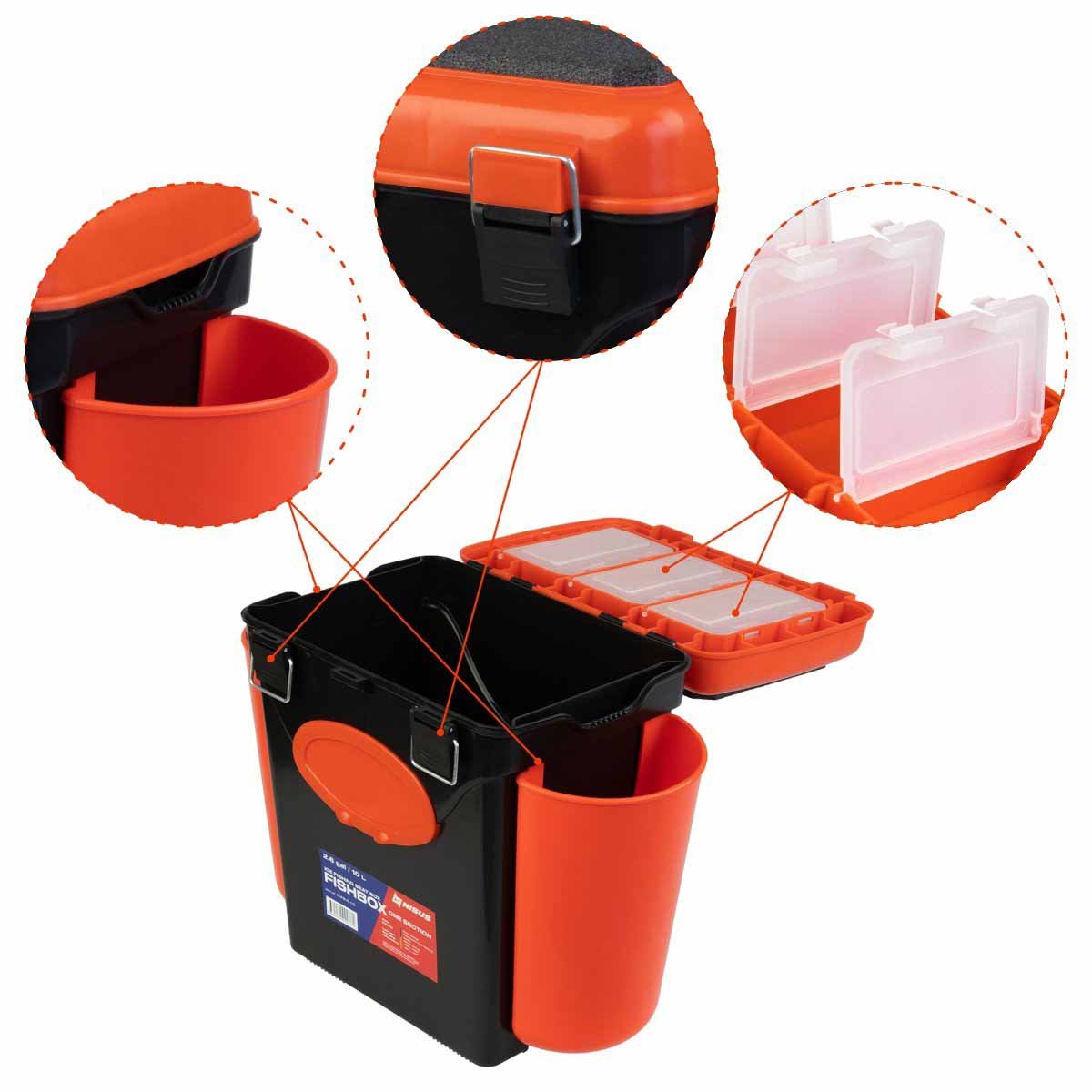 FishBox 10 liter Box for Ice Fishing is equipped with 2 plastic side pockets and 3 plastic boxes for handy storage.