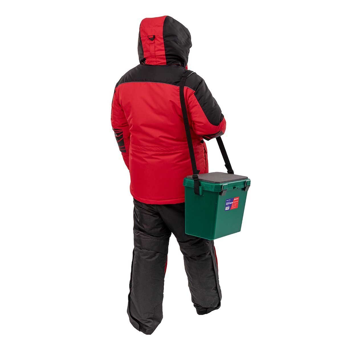An angler carrying the Ice Fishing Bucket Type Box with Seat and Adjustable Shoulder Strap | 1 compartment | 5 gal | green color