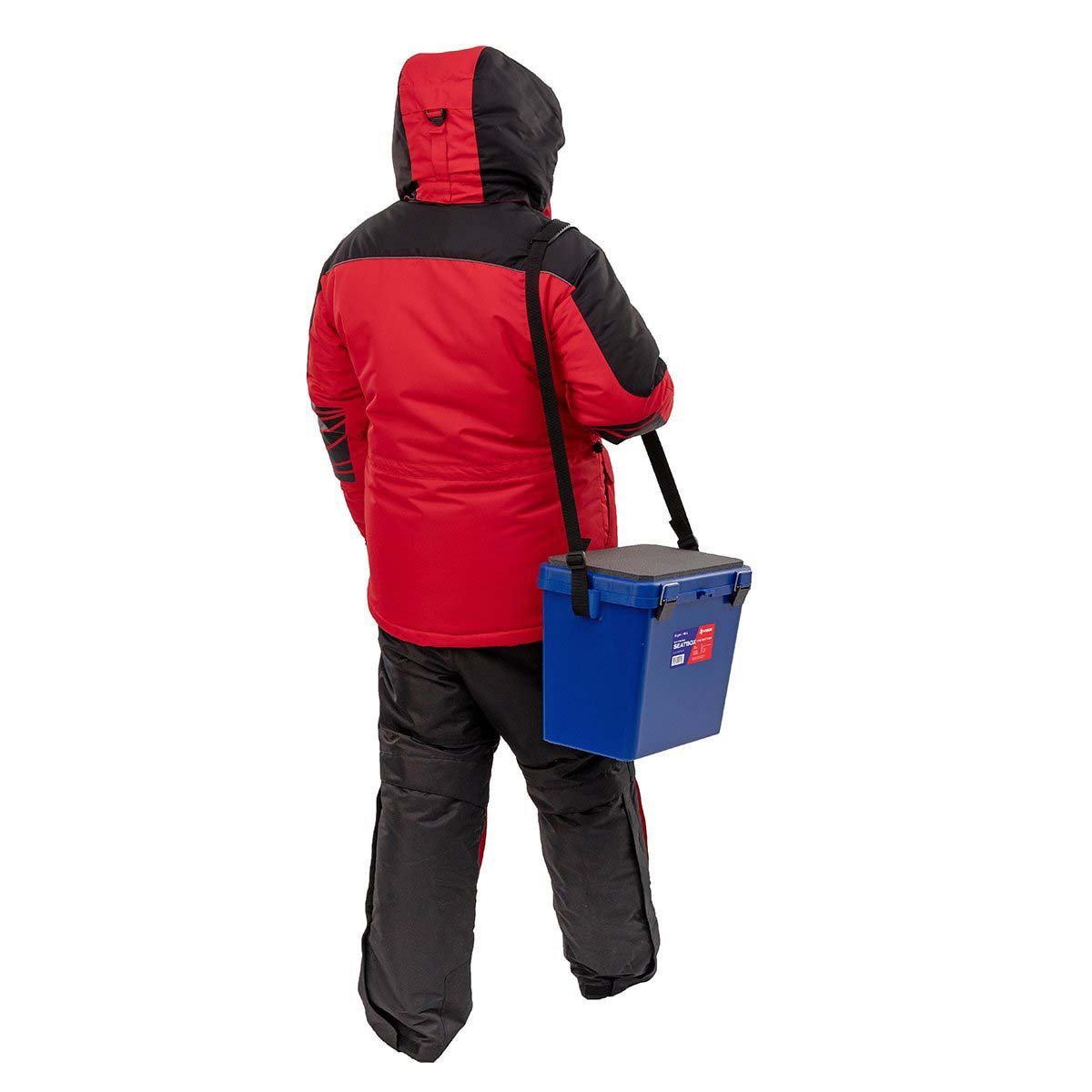 An angler carrying the Ice Fishing Bucket Type Box with Seat and Adjustable Shoulder Strap | 1 compartment | 5 gal | blue color