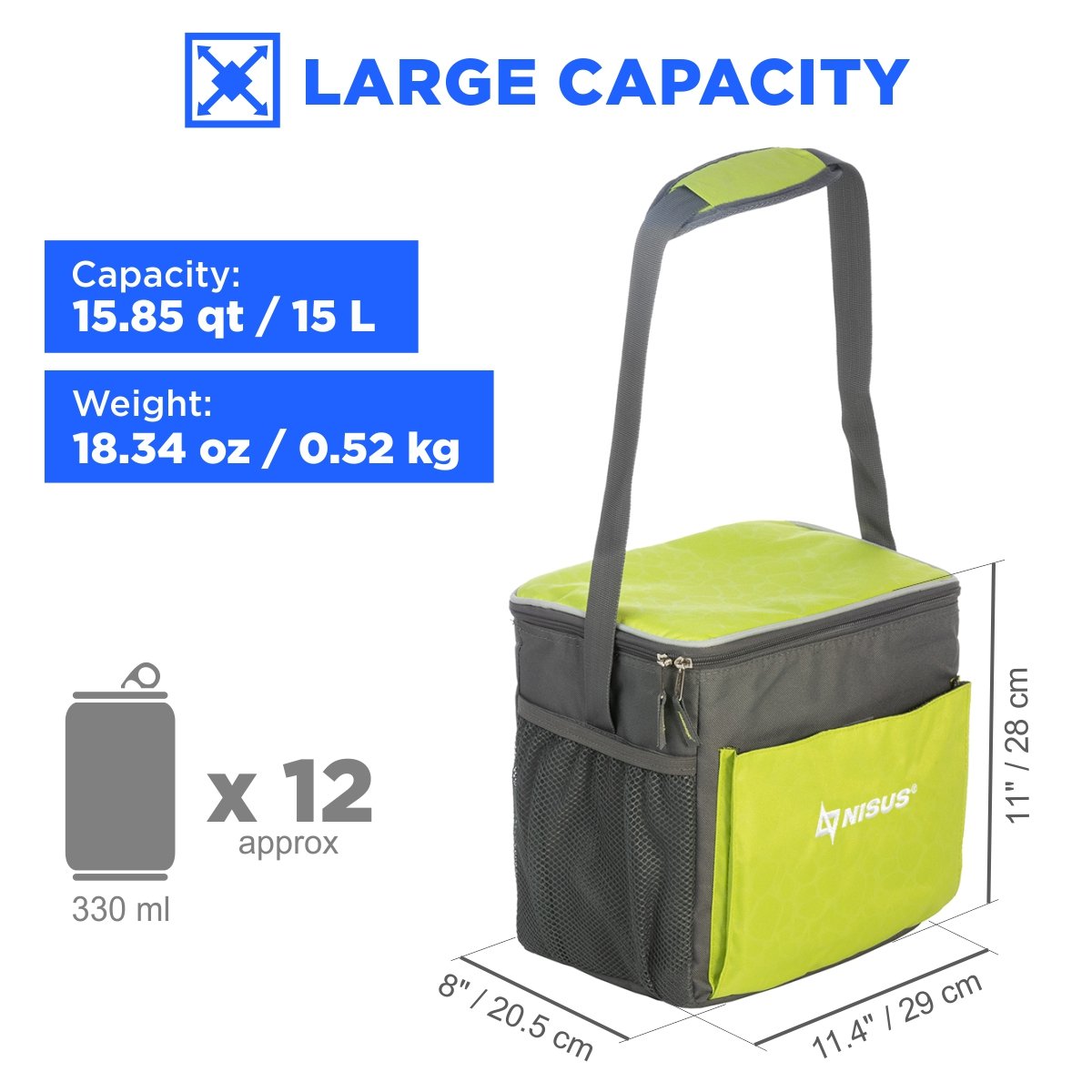 16 qt Beach Soft Sided Cooler Bag for 12 cans weighs less 18 oz, it is 11.4 inches long, 8 inches wide and 11 inches high