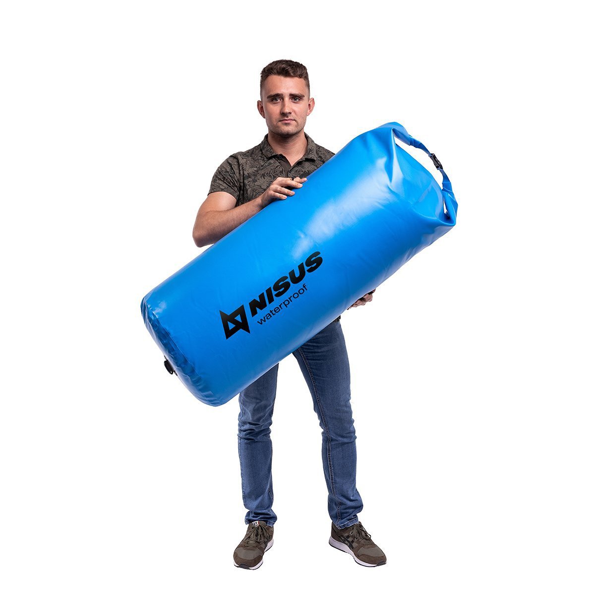 A man carrying a 160 L Waterproof Extra Large Dry Bag, Blue