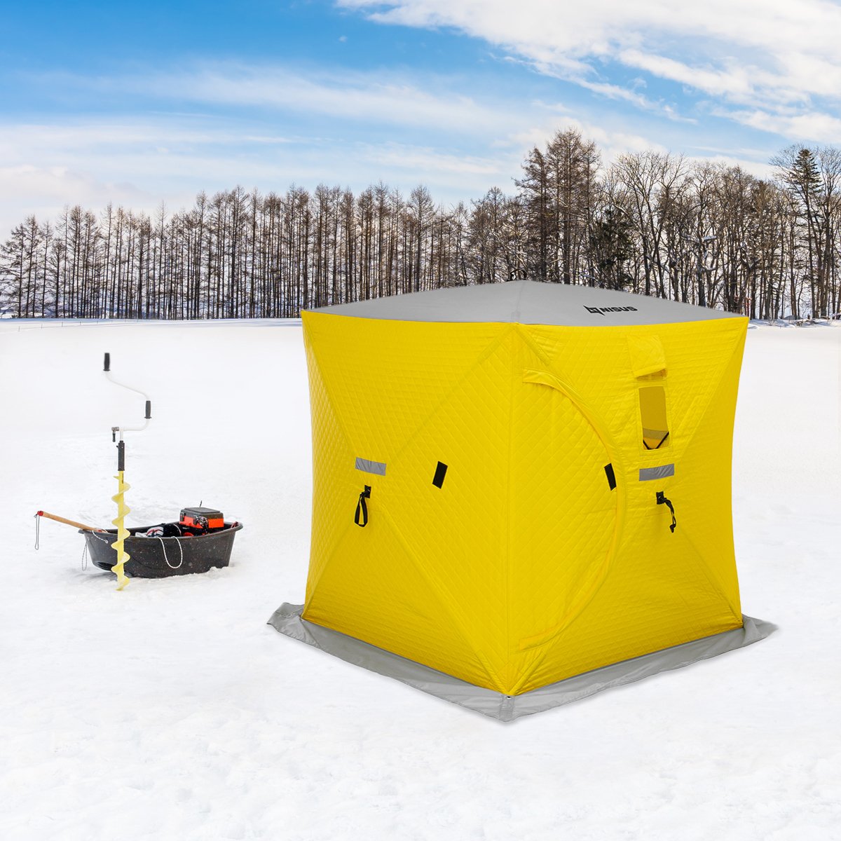 Cube Insulated Ice Fishing Shelter for 3 Persons, yellow, on ice together with Iceberg Siberia hand auger, and an ice sled