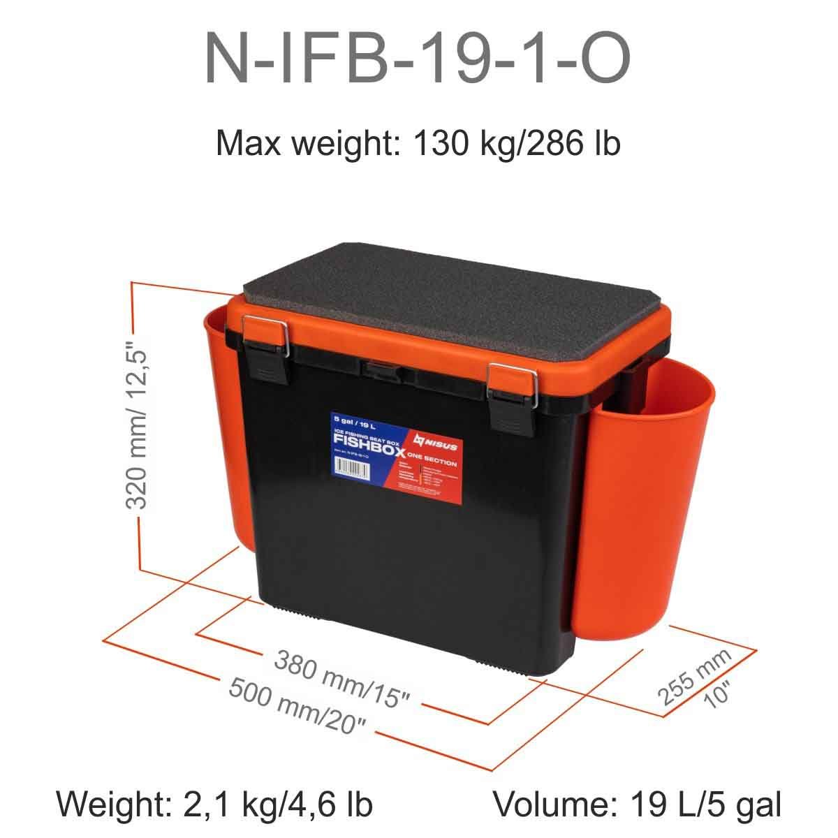 FishBox Large 5 gal Box for Ice Fishing with Seat could carry up to 286 pounds, it is 12.5 inches high, 20 inches long and 10 inches wide, weighing 4.6 lbs